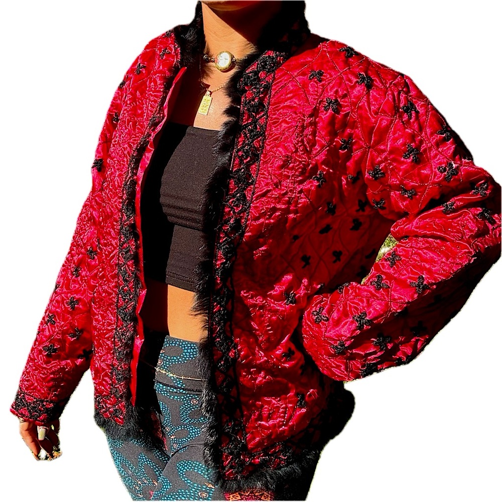 {Mirasol} Vintage Quilted Red Satin Chinese Jacket with Embroidery & Faux Fur